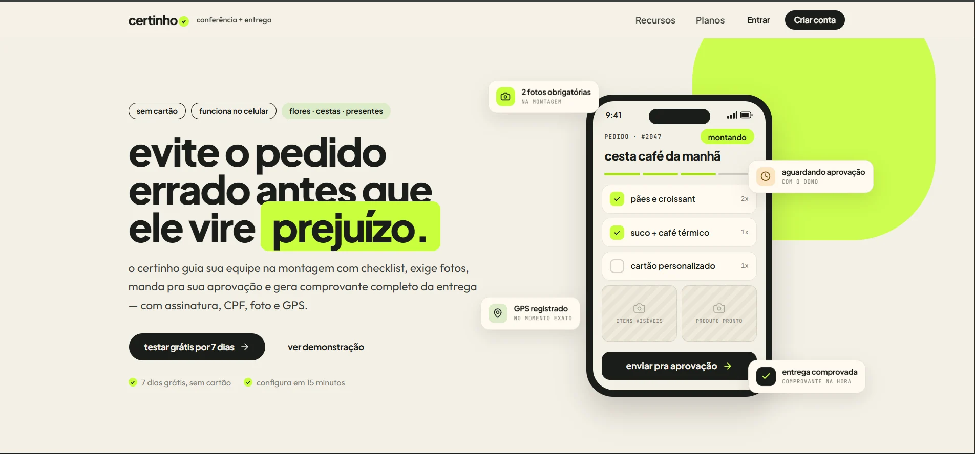 Tela do Pedido Certinho: checklist de montagem da cesta com fotos obrigatĂłrias
